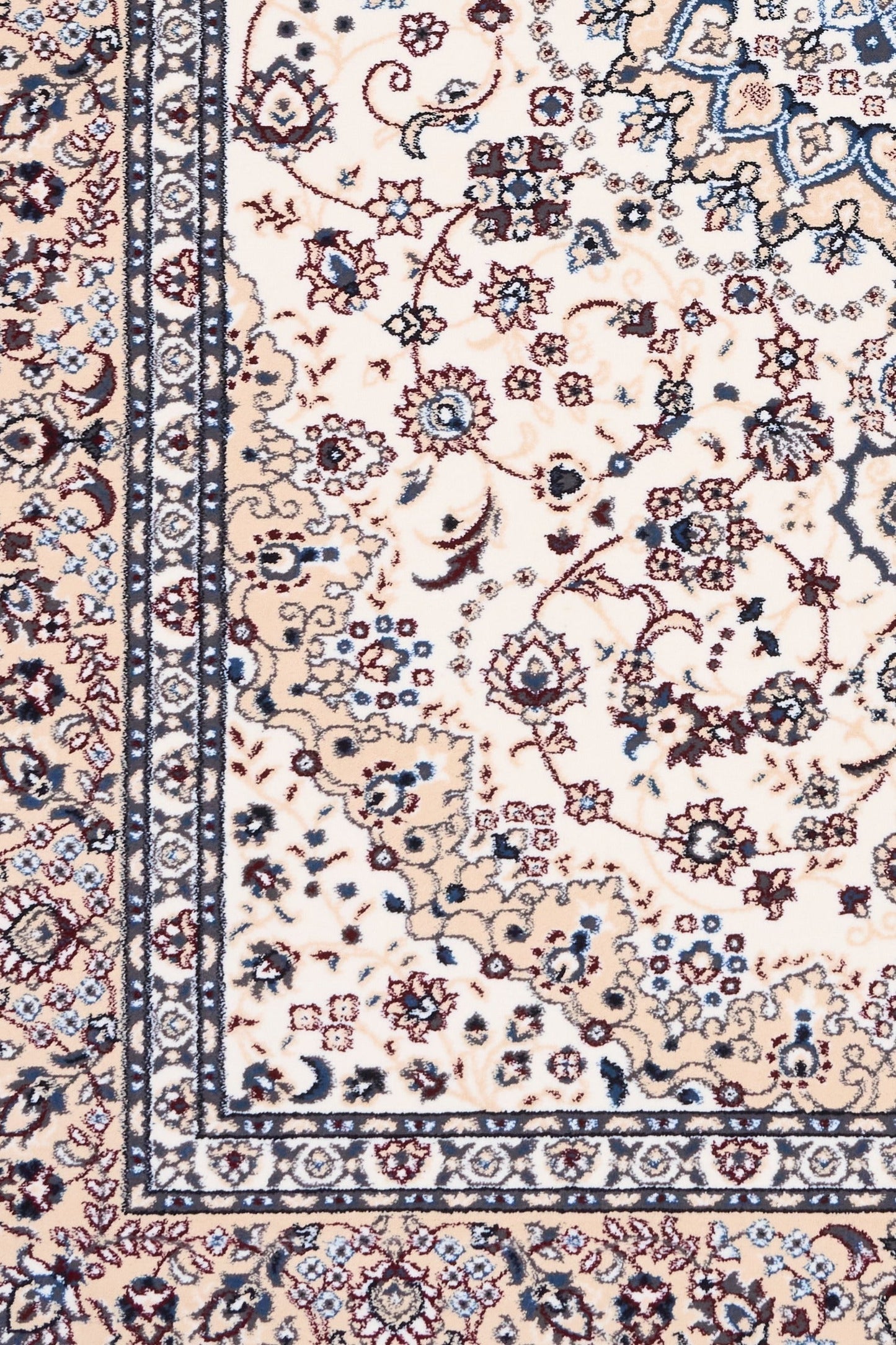 Ivory rug detail with navy and blue border stripes and floral motifs