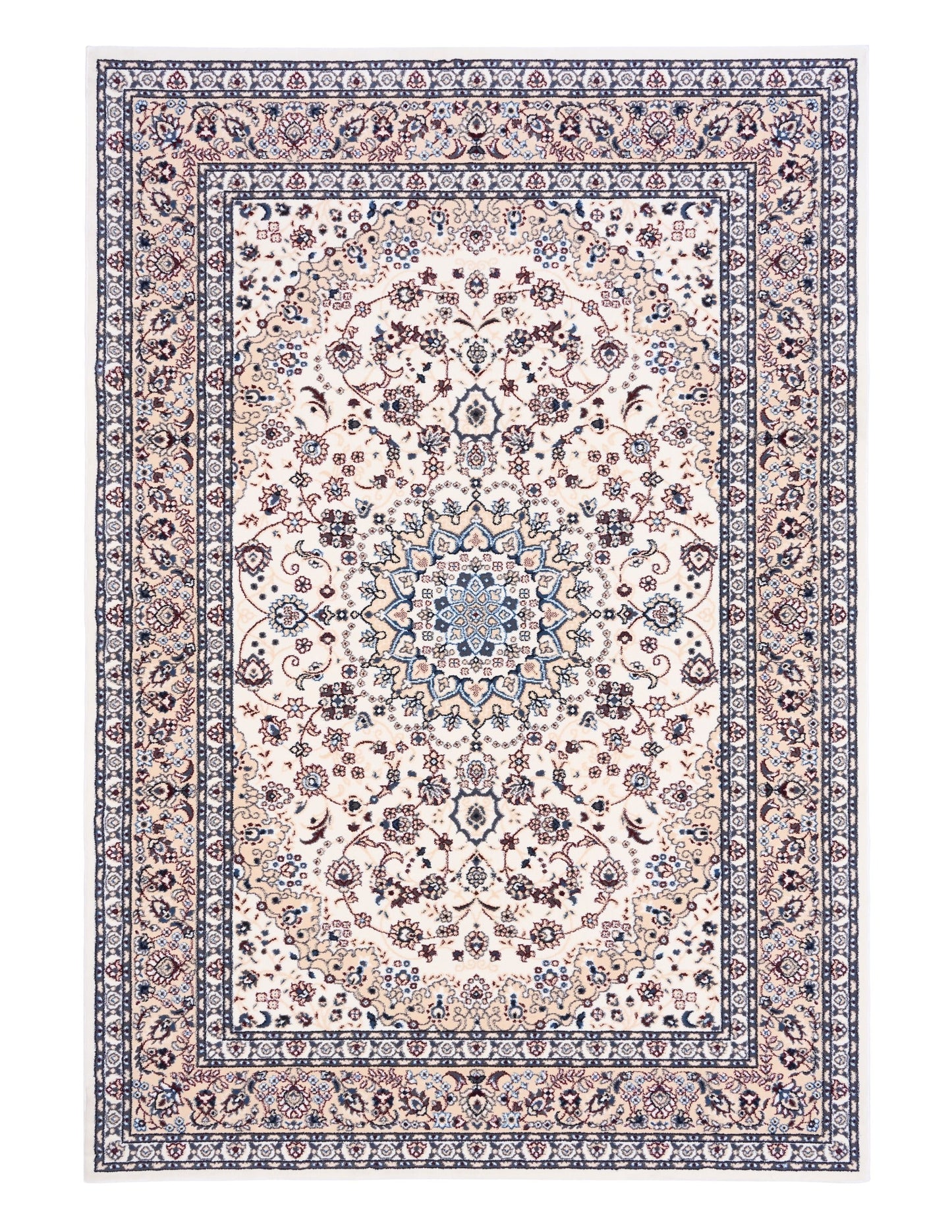 Ivory rug with symmetrical medallion design and multicolor floral accents