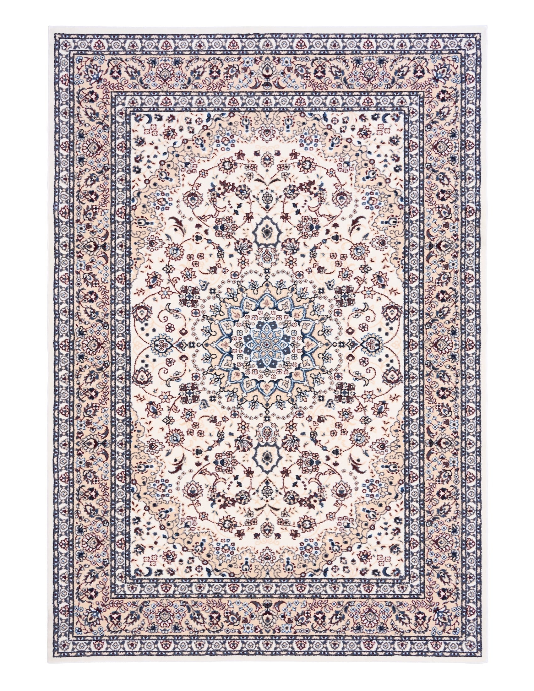 Ivory rug with symmetrical medallion design and multicolor floral accents