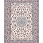 Ivory area rug with central medallion, ornate floral pattern, and blue border
