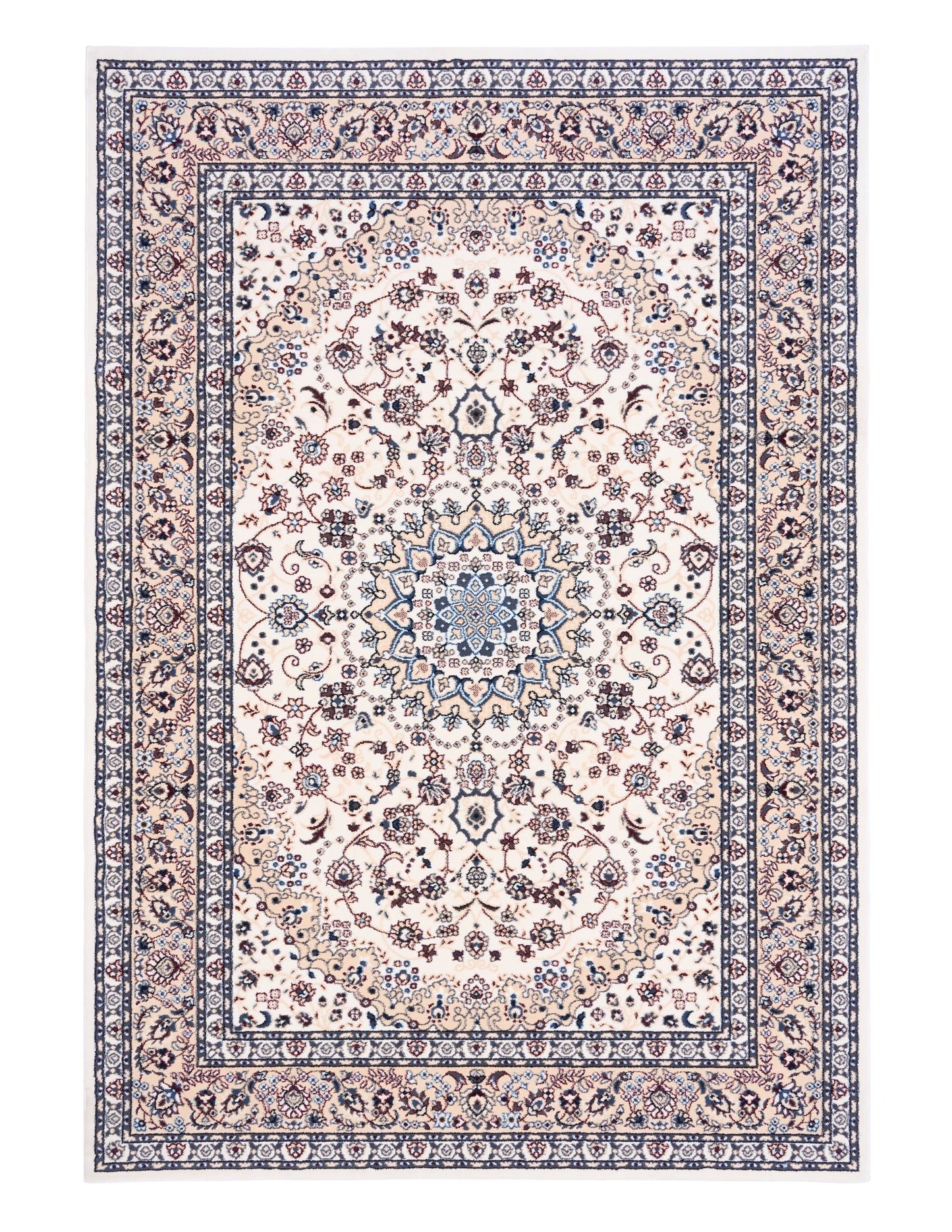 Ivory area rug with central medallion, ornate floral pattern, and blue border