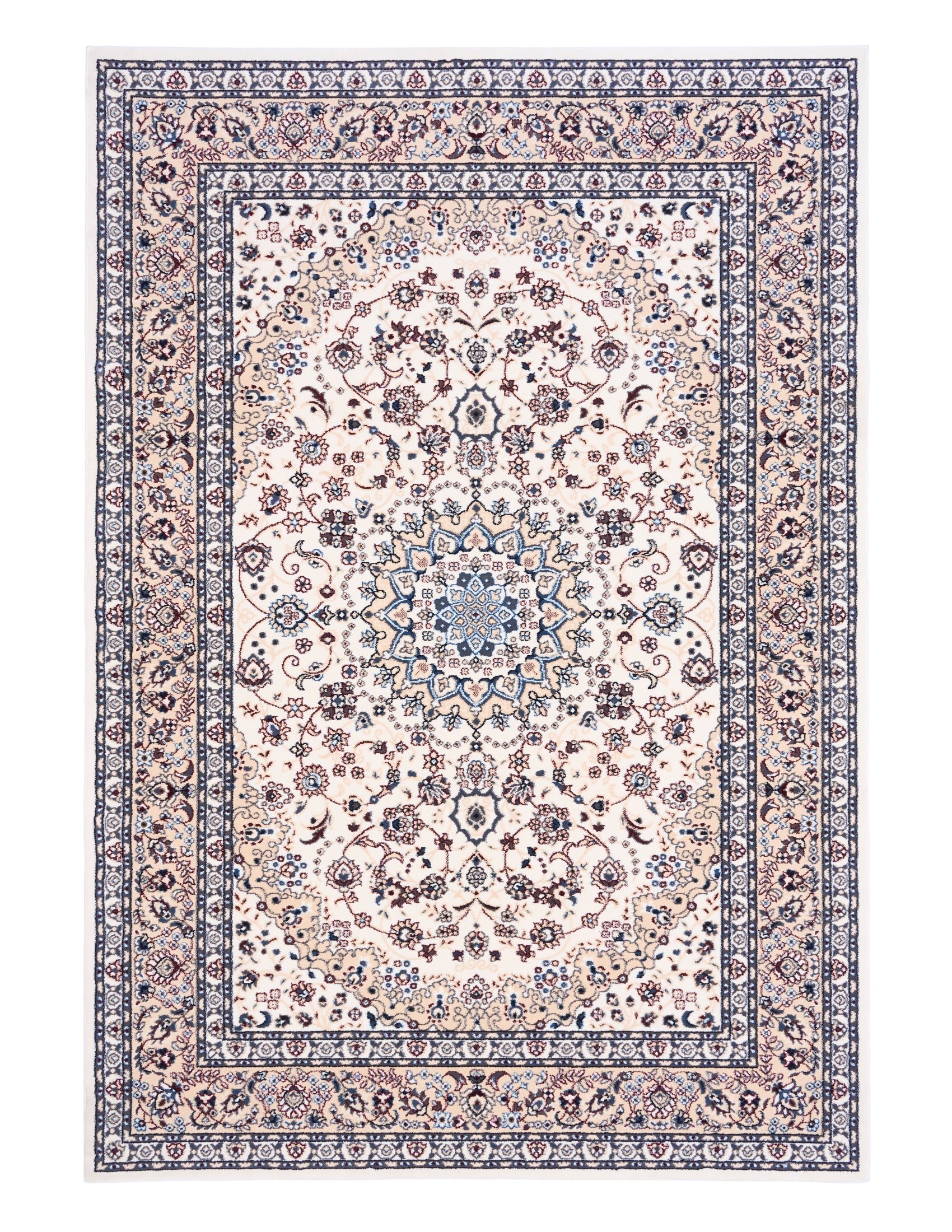 Ivory area rug with central medallion, ornate floral pattern, and blue border