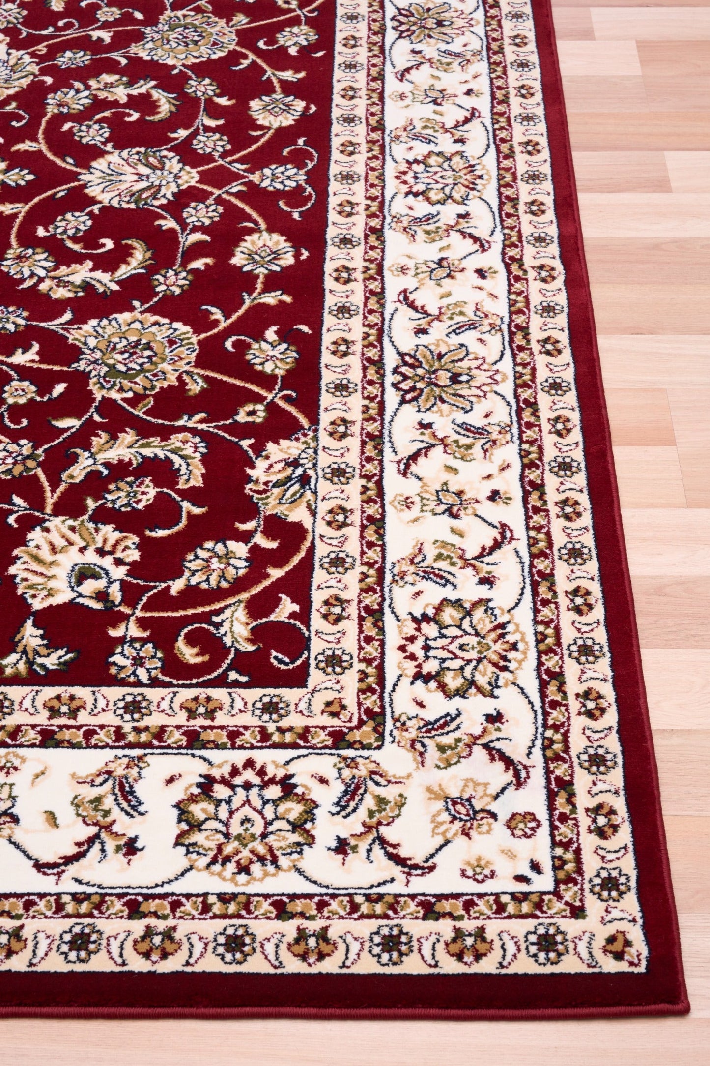 Burgundy and cream ornamental area rug corner with detailed border and floral vines | Baluchi Traditional floor Carpet Rug Vintage Traditional Floor Rug - Rugs Point Australia