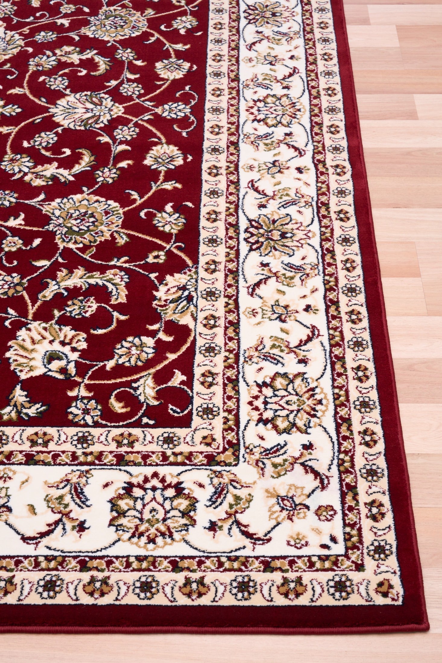 Burgundy and cream ornamental area rug corner with detailed border and floral vines | Baluchi Traditional floor Carpet Rug Vintage Traditional Floor Rug - Rugs Point Australia