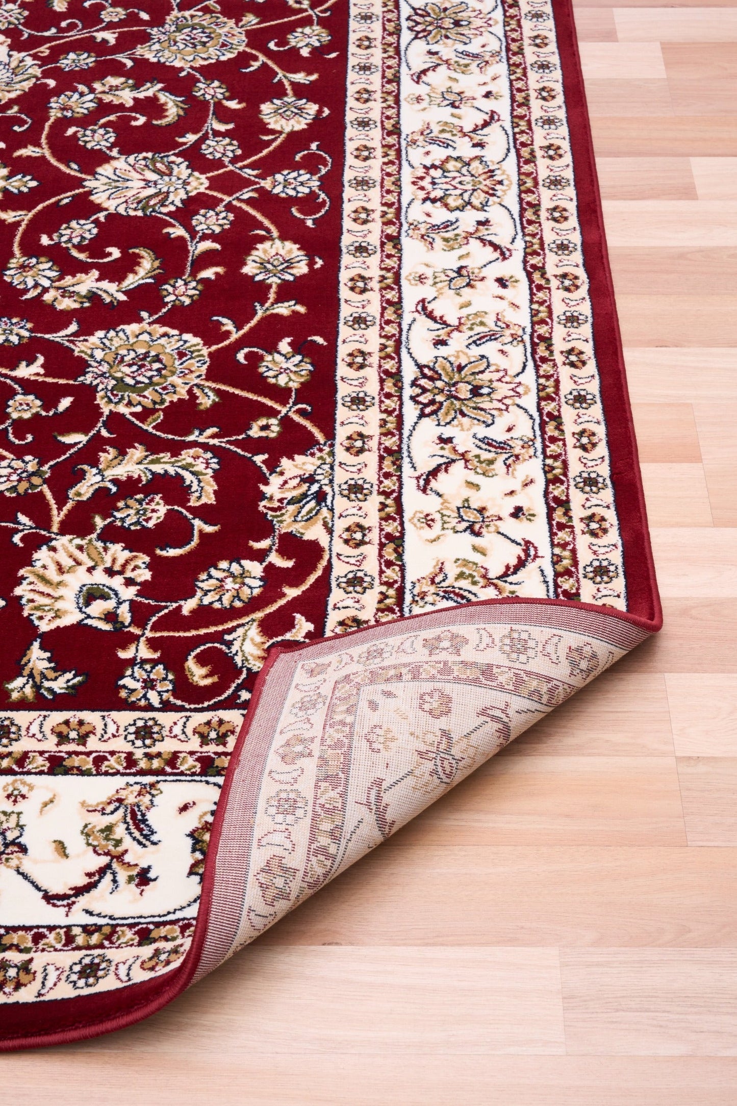 Burgundy area rug with cream border, floral motifs, and rolled corner edge detail | Baluchi Traditional floor Carpet Rug Vintage Traditional Floor Rug - Rugs Point Australia