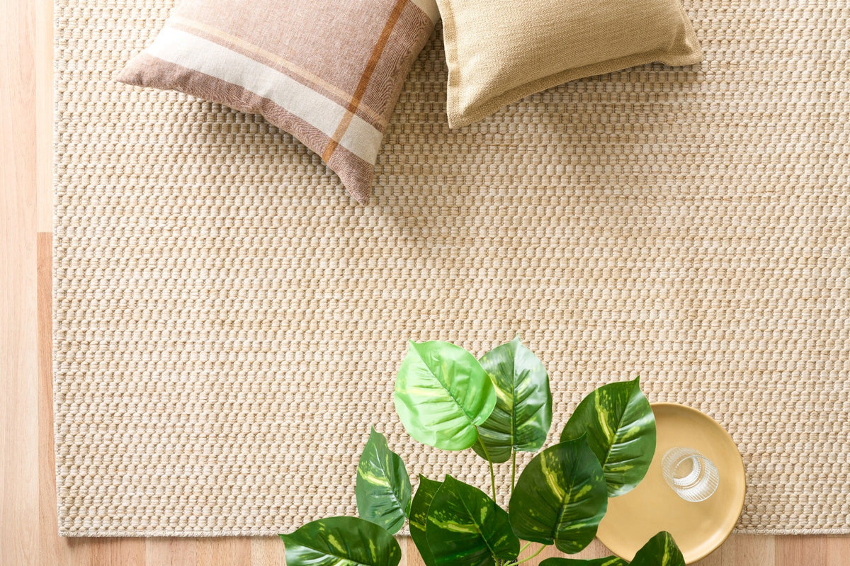 Light beige woven area rug with dense texture, shown from above.