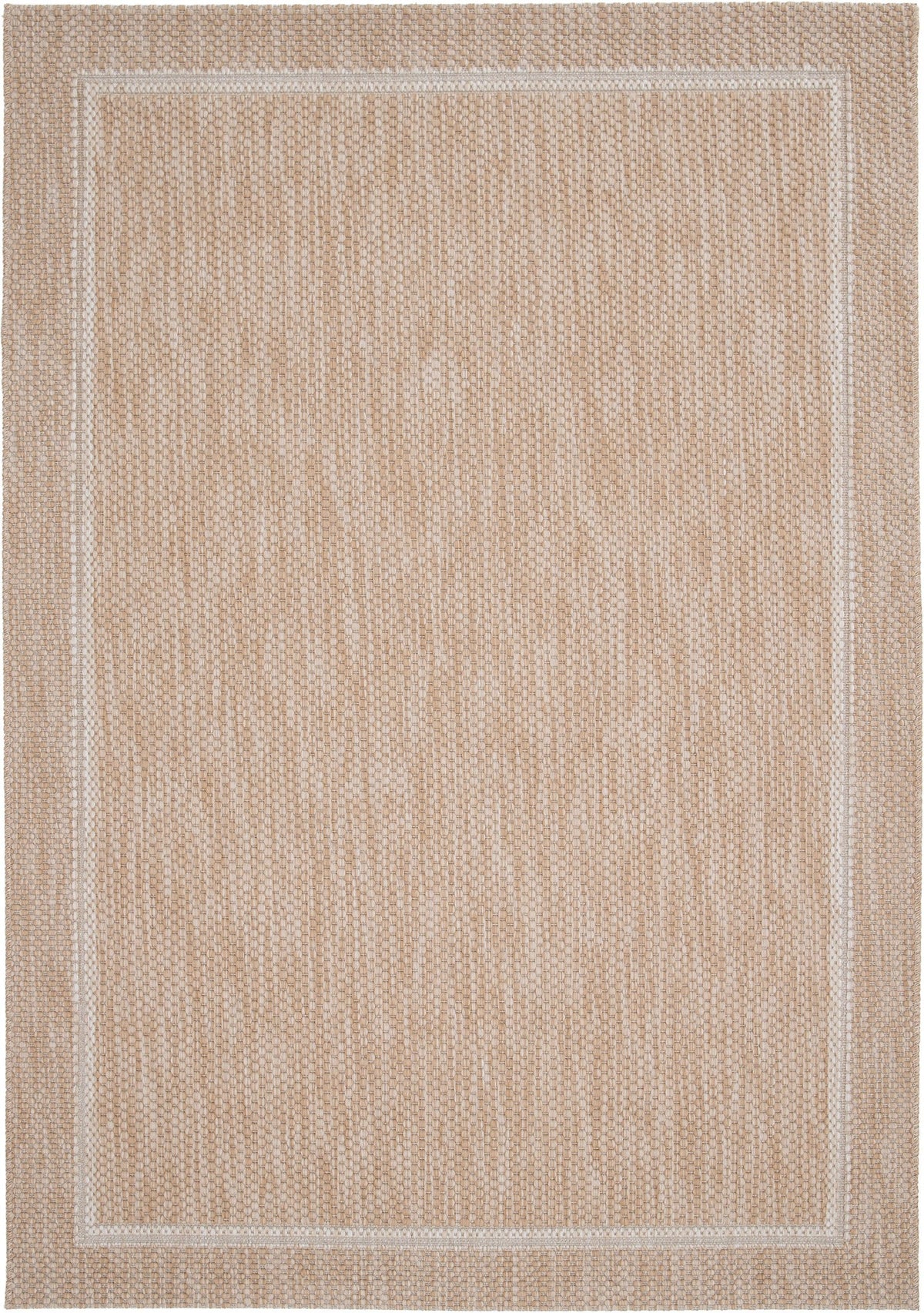 Cream area rug with a square border pattern and tightly woven texture.