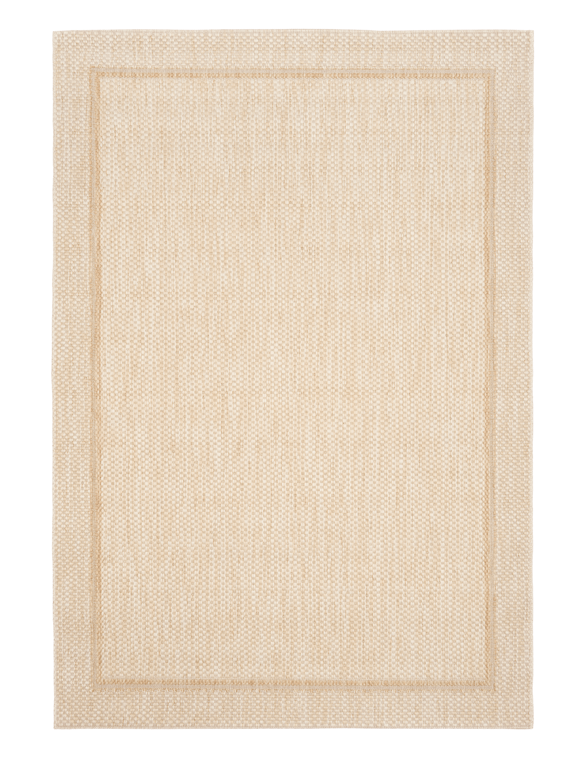 Light beige area rug with a centered square border and textured weave.