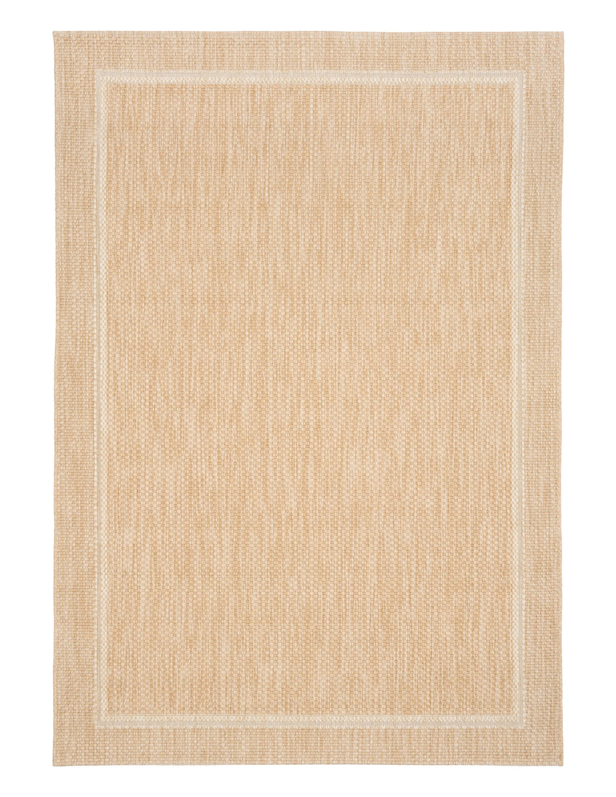 Beige textured area rug with woven border and inner square pattern