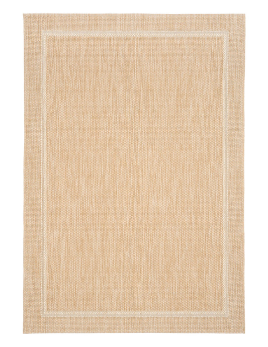 Beige textured area rug with woven border and inner square pattern