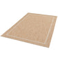 Beige woven area rug with square border and textured center, angled view