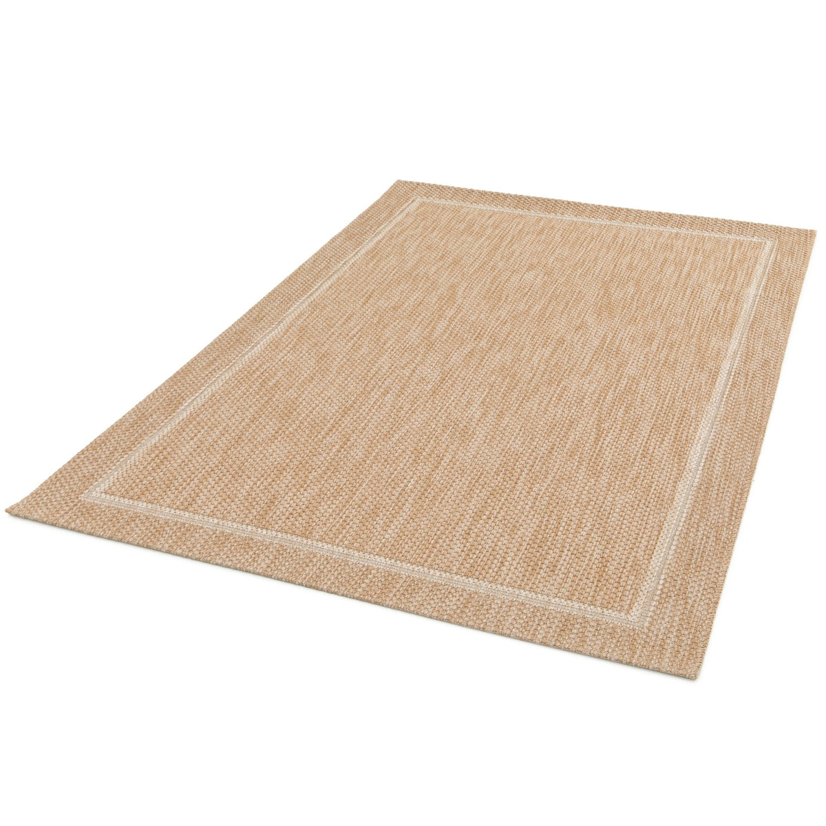 Beige woven area rug with square border and textured center, angled view