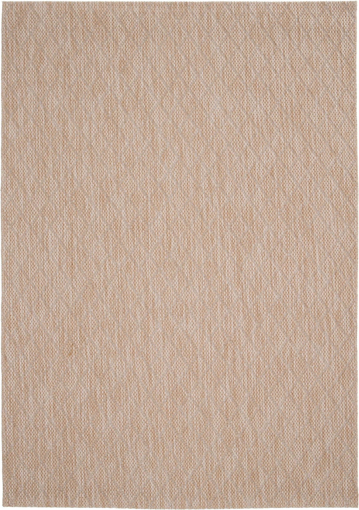 Beige woven rug with uniform textured face and subtle vertical flecks.