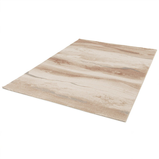 Rectangular beige abstract rug with wavy tan and brown brushstroke lines