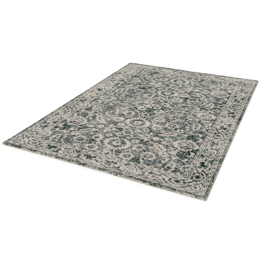 Ornamental area rug, light gray with teal-green damask pattern and dark border