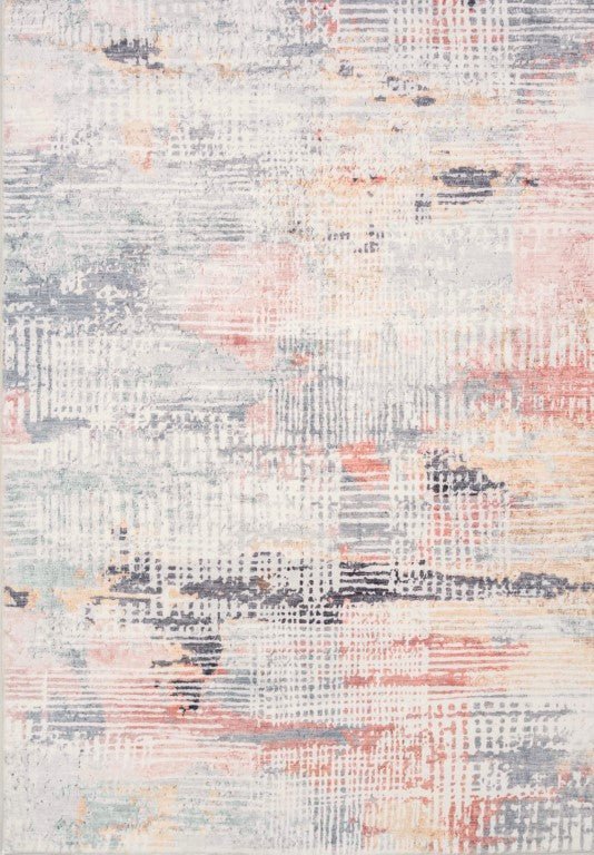 Transitional printed rug with abstract distressed pattern in light blue, coral, and gray