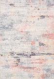 Transitional printed rug with abstract distressed pattern in light blue, coral, and gray