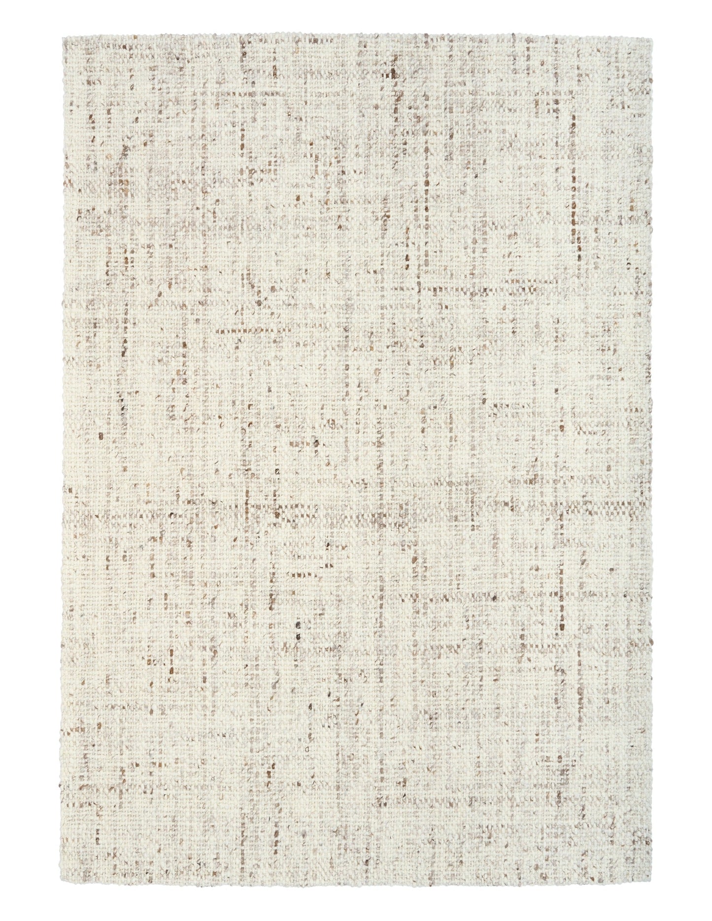 Beige textured area rug with subtle speckled pattern and straight bound edges