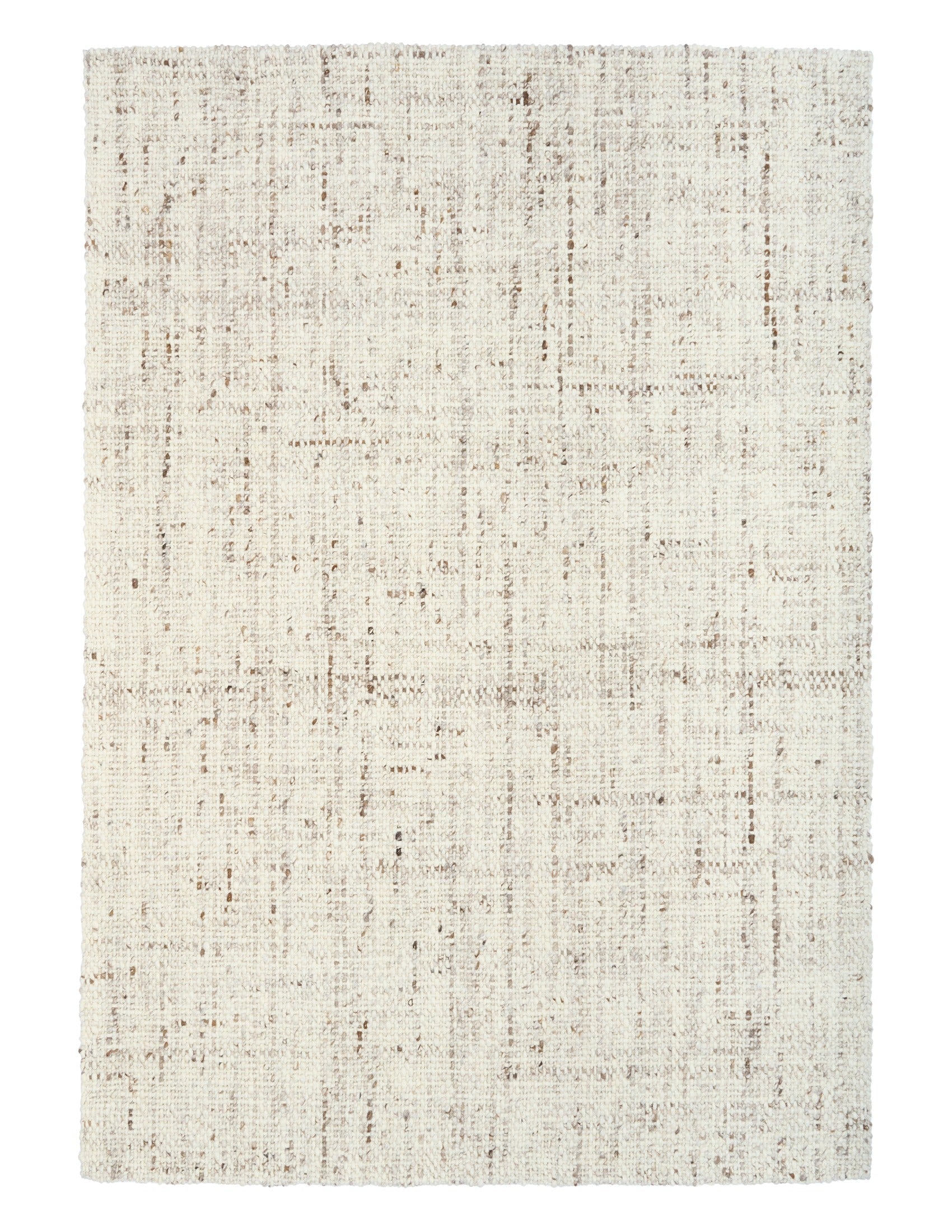 Beige textured area rug with subtle speckled pattern and straight bound edges