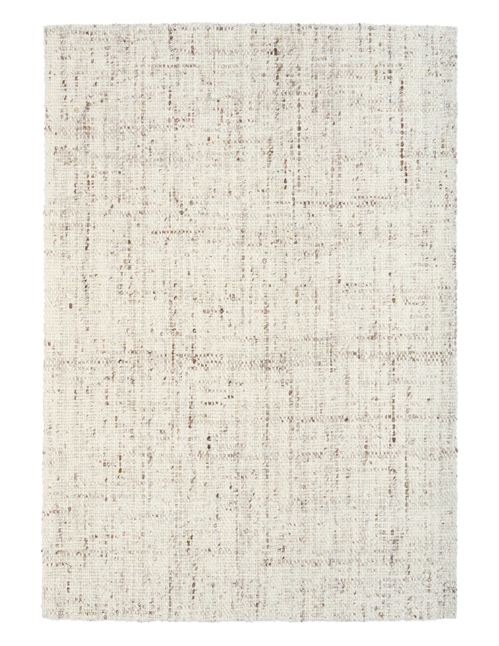 Beige textured area rug flat view with mottled weave and even border finish