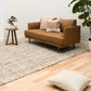 Large wool rug on hardwood floor, beige and brown speckled texture