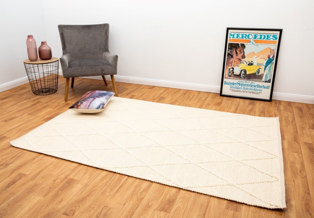 Cream wool rug with diamond pattern, corner visible | Colombo Wool Rug 1271 Cream Textured Woven Living Room Rug - Rugs Point Australia