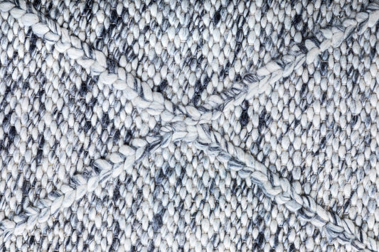Close-up of grey wool rug texture with woven pattern and subtle distress.