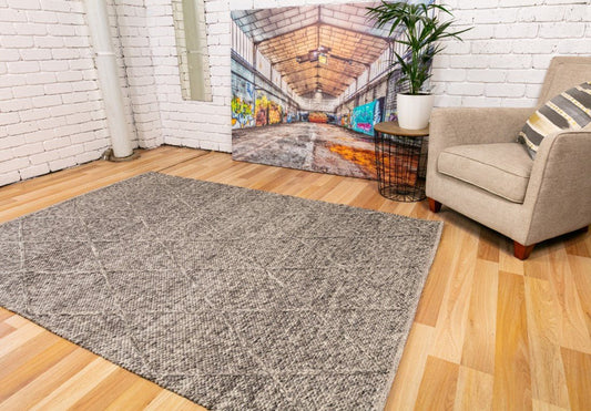 Dark grey wool rug large flat area with diamond textured weave