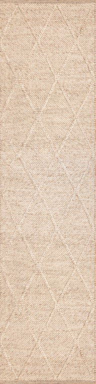 Beige wool runner rug with subtle geometric woven pattern