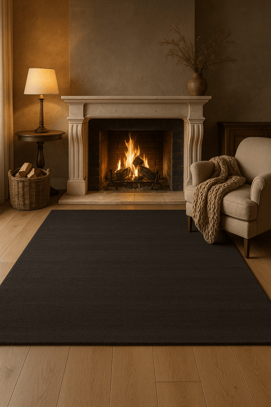 Dark gray rectangular area rug with low pile, shown on floor