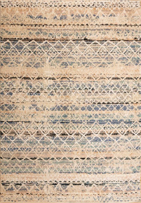 Blue and beige abstract striped rug with diamond and crosshatch details