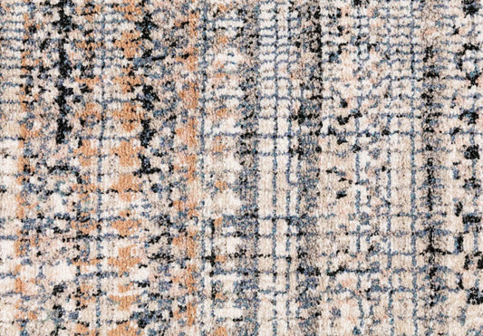Ivory dark beige area rug close-up with mottled multicolor speckles and grid lines
