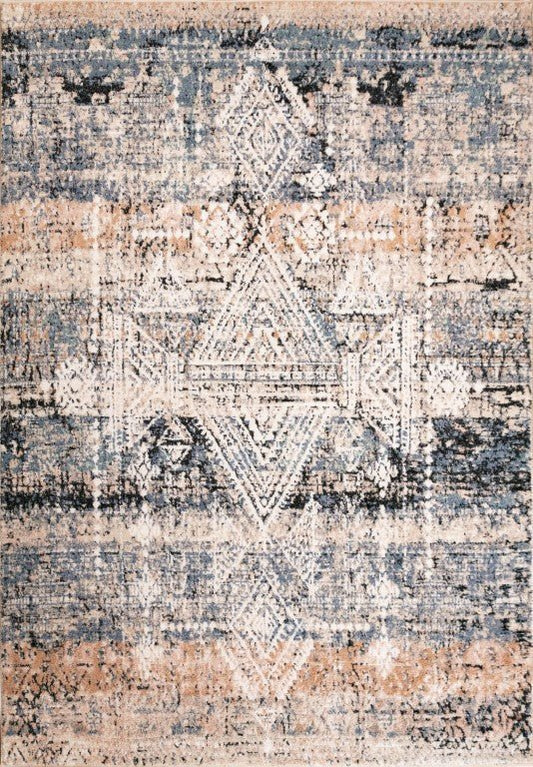 Abstract distressed area rug in ivory, blue, and dark beige with geometric motifs