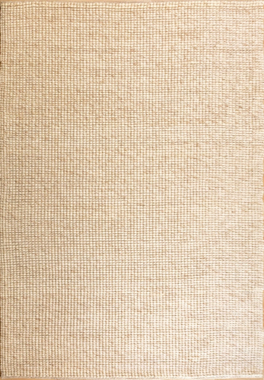 Beige wool rug with tight textured weave and even, grid-like surface pattern