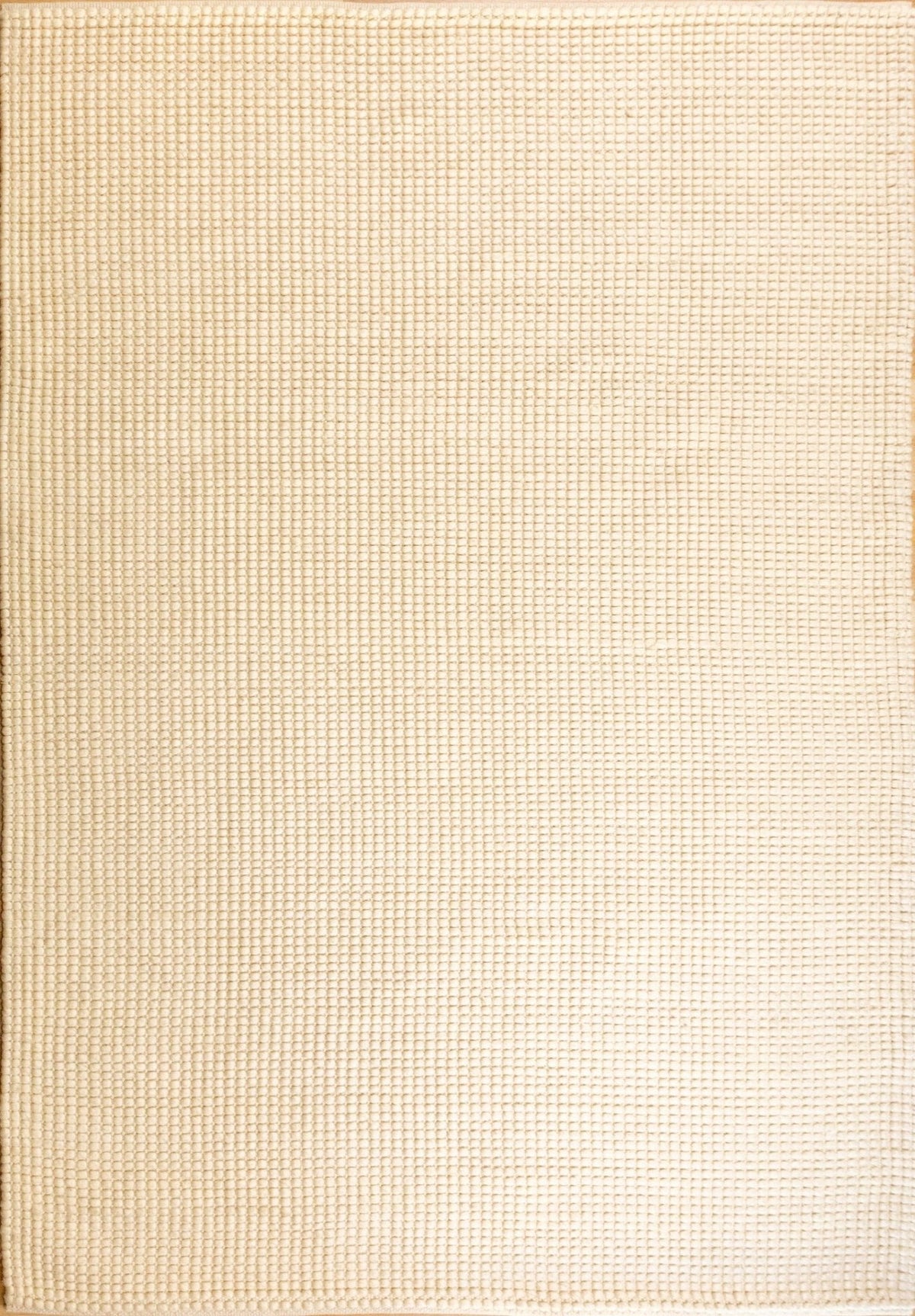 Cream wool rug square with tight grid-like texture and neat stitched border