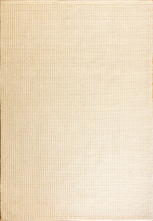 Cream wool rug square with tight grid-like texture and neat stitched border