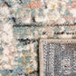 Corner border of multi-color abstract rug with woven fringe and textured weave