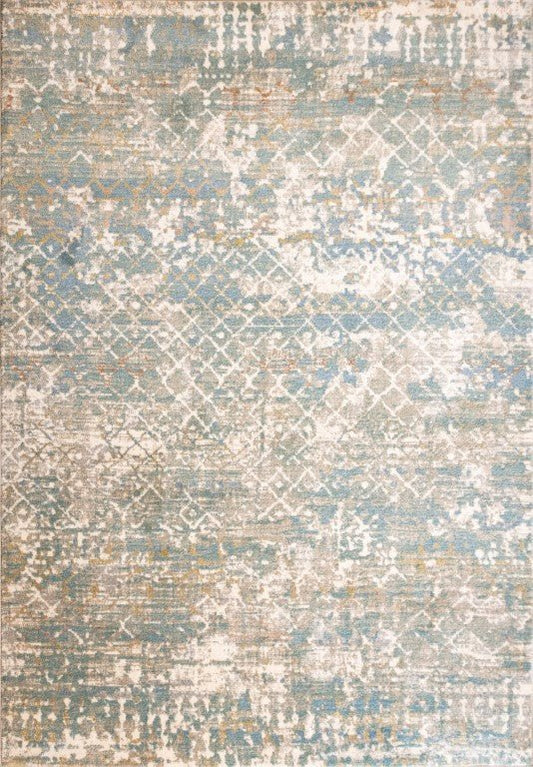 Large area rug with distressed frost pattern in cream, blue, and muted tan; flat weave.