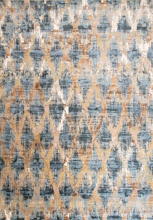 Modern area rug with distressed geometric pattern in blue, taupe, and cream