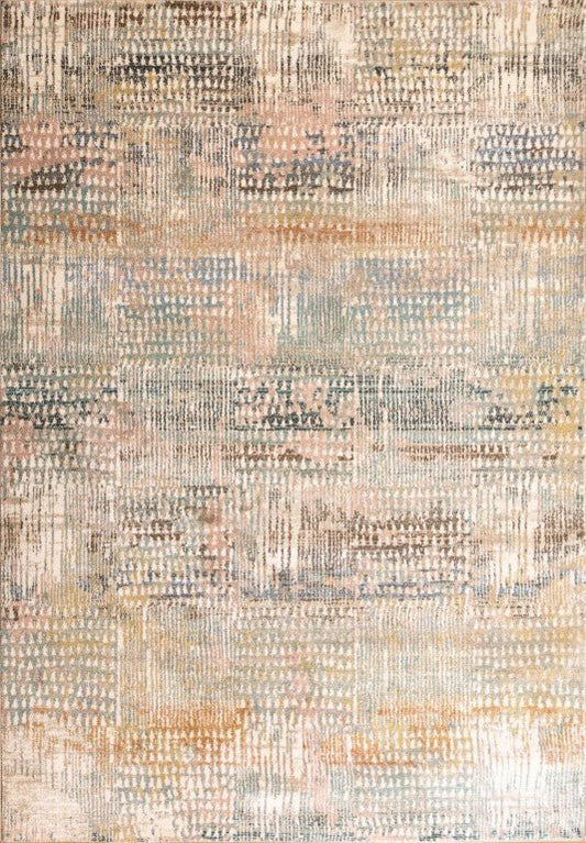 Modern area rug with distressed abstract pattern in cream, light blue, and muted tones