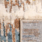 Beige area rug corner detail with blue and rust pattern and border stitching