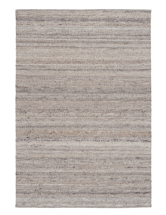 Dark grey wool rug, even rectangular weave with thin horizontal stripes throughout