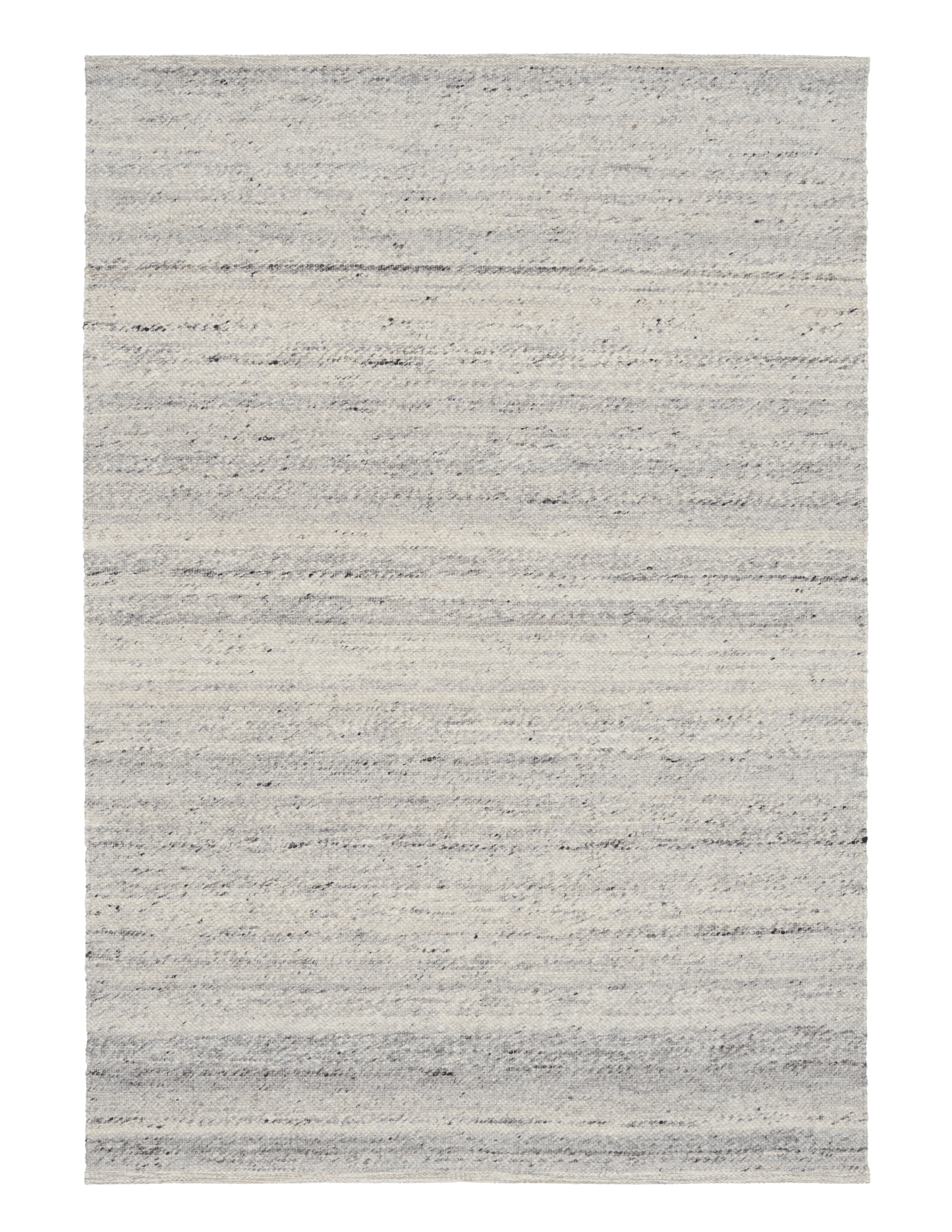 Grey wool area rug, rectangular view with speckled surface and horizontal bands