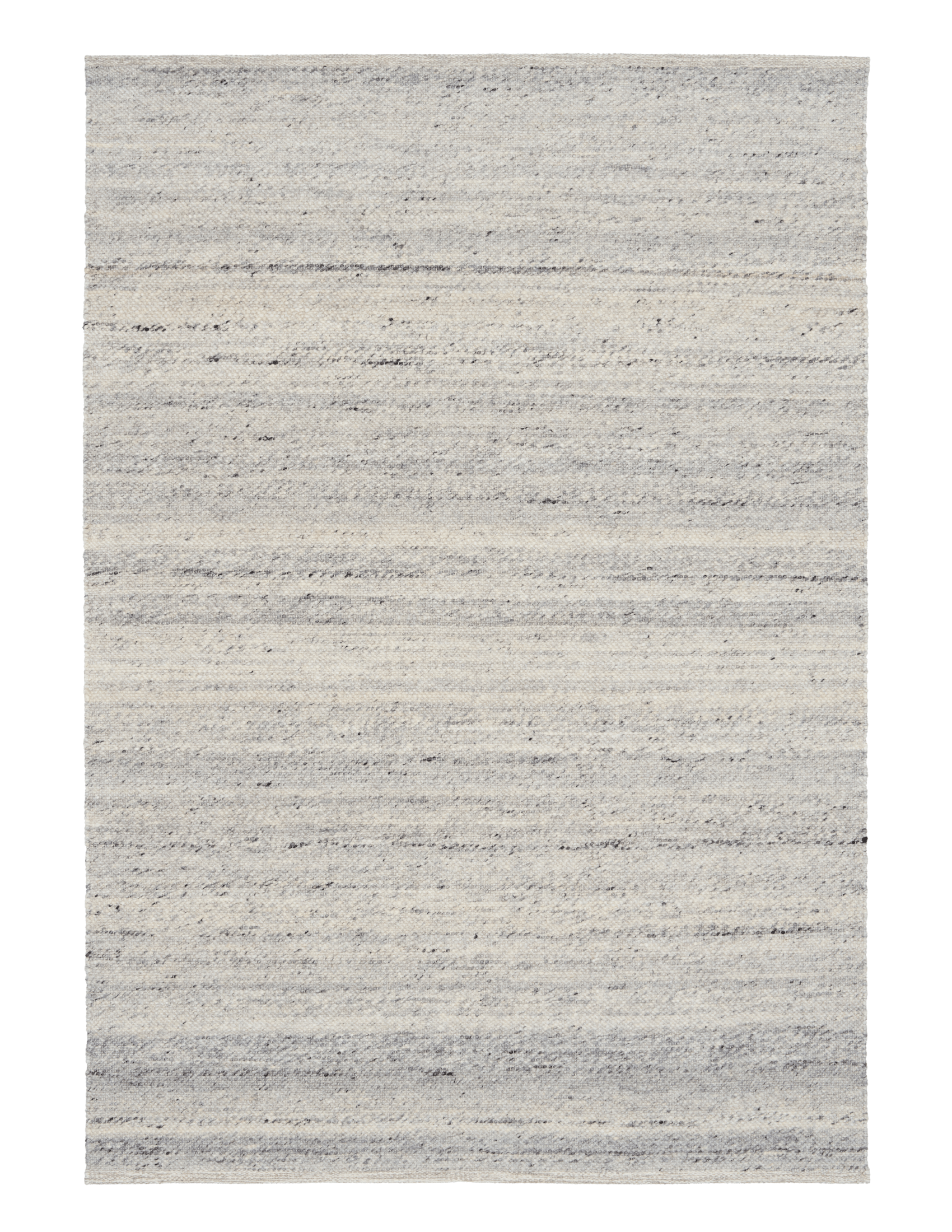 Grey wool area rug, rectangular view with speckled surface and horizontal bands