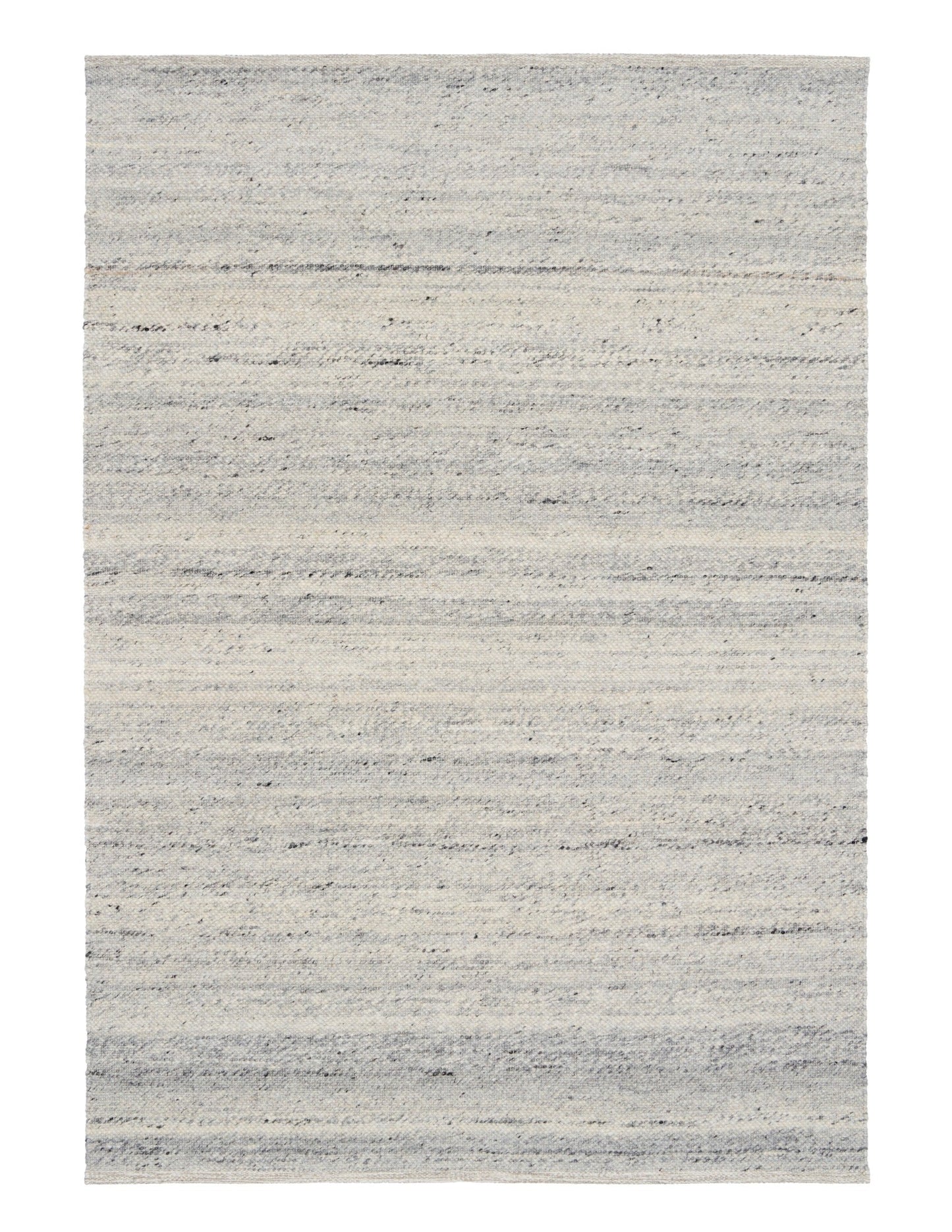 Grey wool area rug with subtle horizontal stripes and speckled texture
