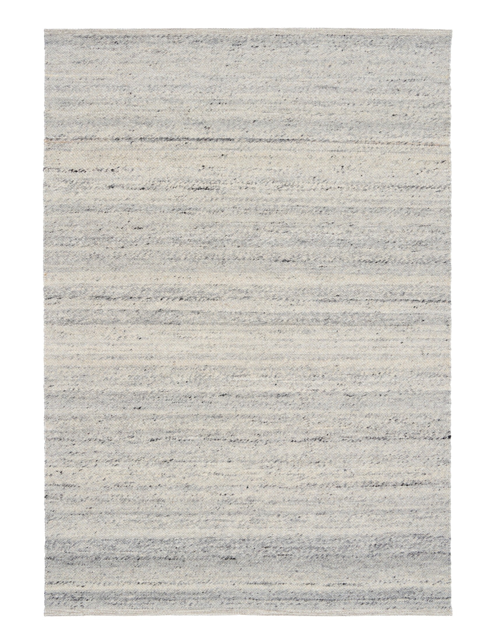 Grey wool area rug with subtle horizontal stripes and speckled texture