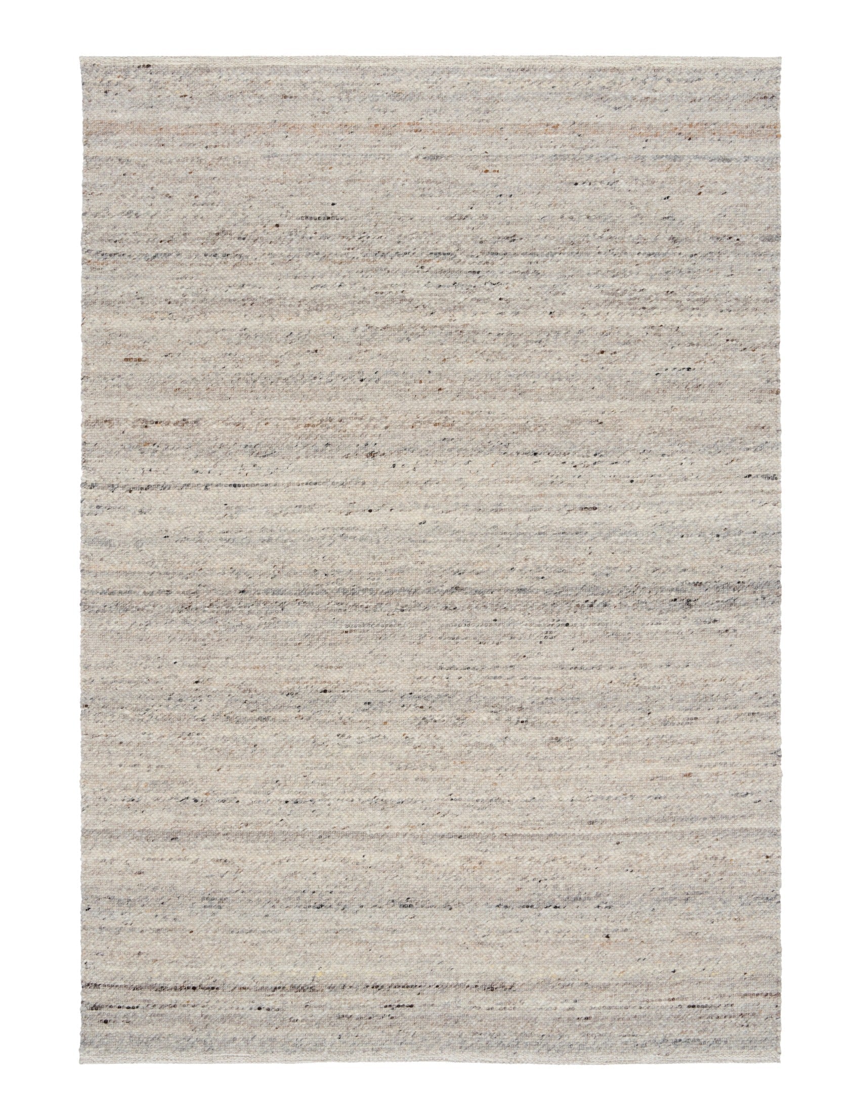Smoke grey wool area rug, flat woven with subtle speckles and thin banding