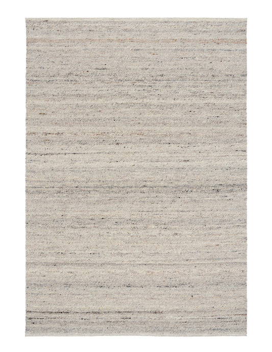 Smoke grey wool area rug, flat woven with subtle speckles and thin banding