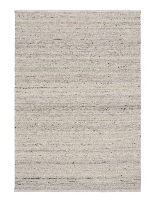 Smoke grey wool rug, flat woven speckle texture with neat stitched border