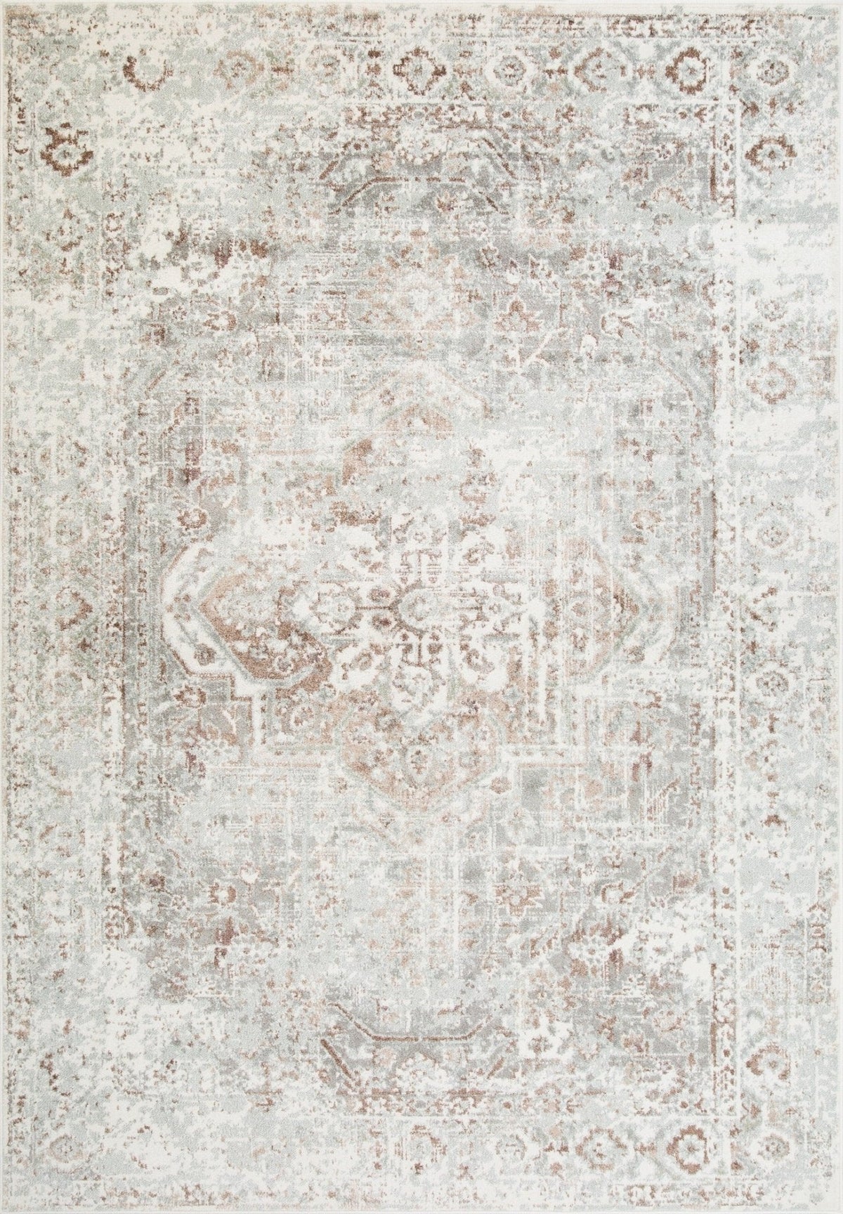Taupe distressed area rug with faded geometric medallion pattern